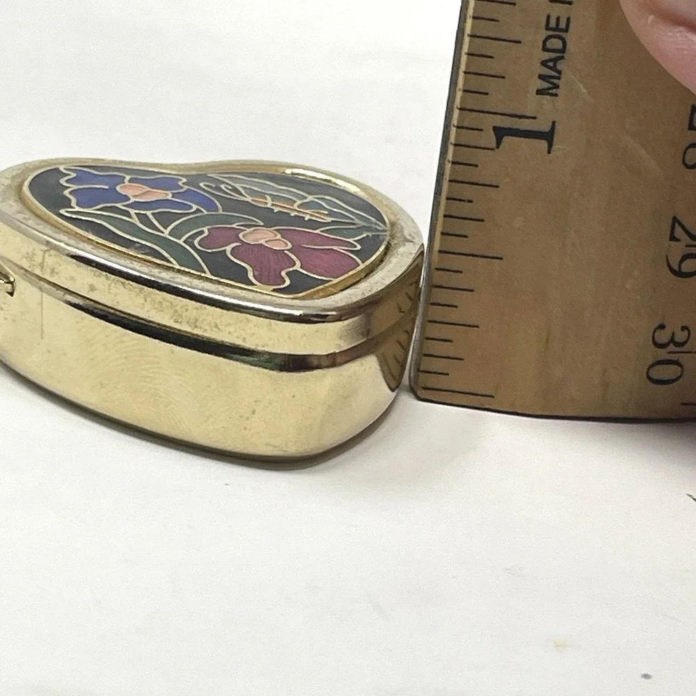 Vintage Cloisonné Heart Pill Box Butterfly Floral Enamel Gold Tone Trinket Case